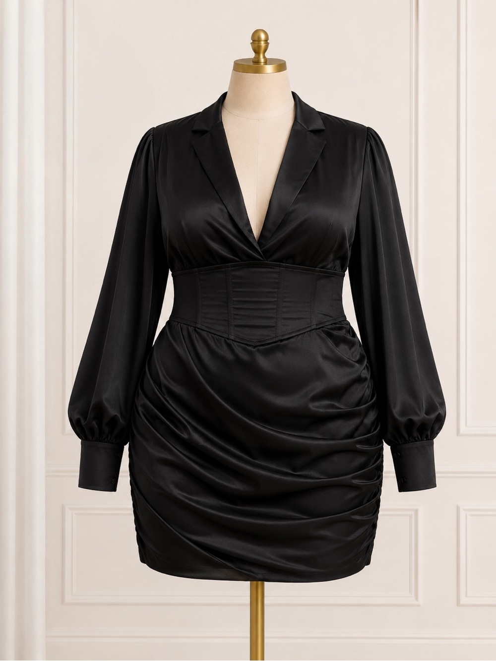 PrettyLittleThing Black Satin Corset Waist Shirt Dress Size 20